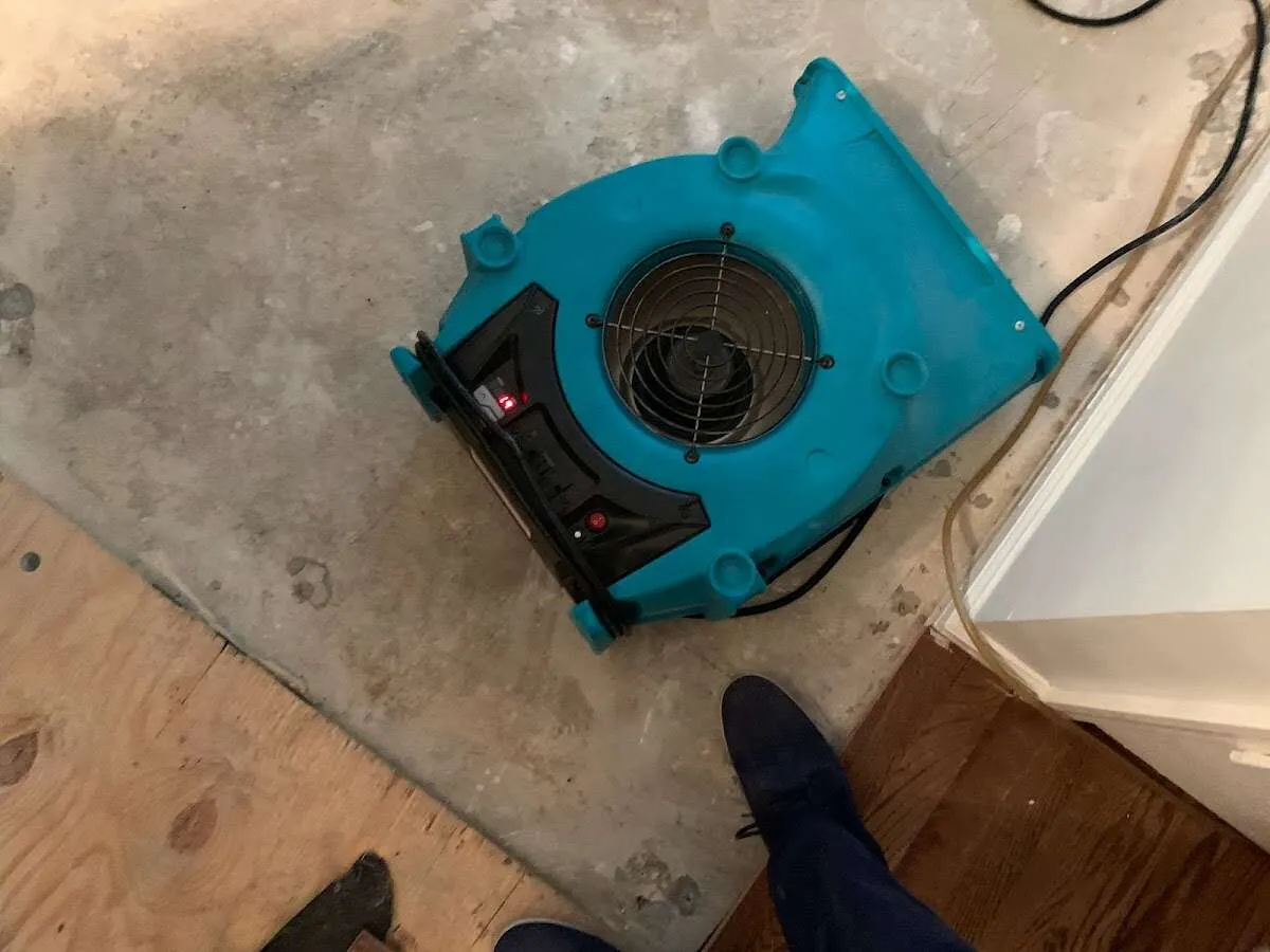 Air mover drying subfloor during Leak Detection & Repair in Pawling